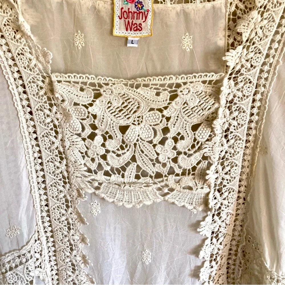 Johnny Was Cream Crochet Lace Peasant Blouse - Picture 3 of 11